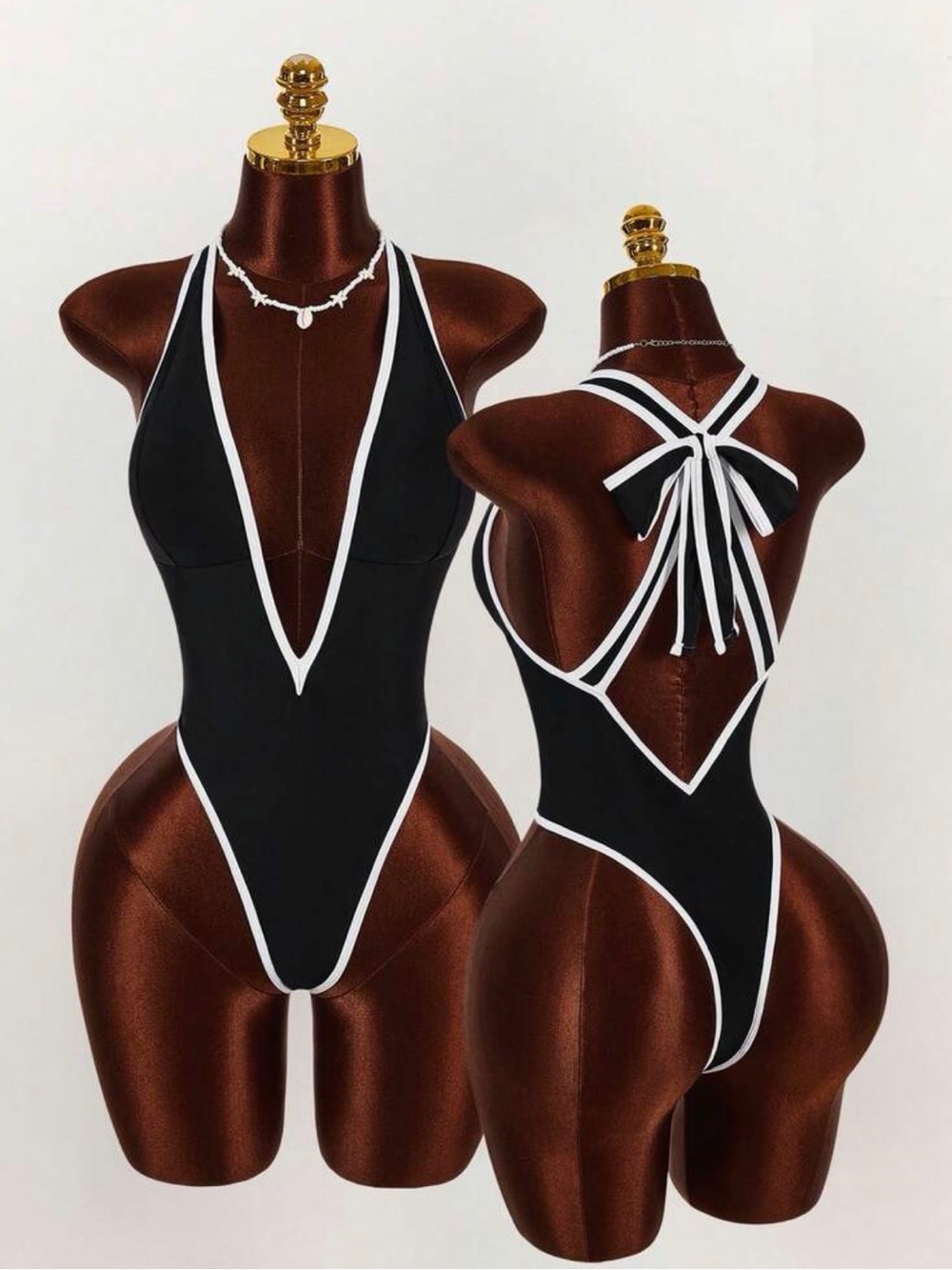 SHEIN Black and White V-Plunge One-Piece Swimsuit